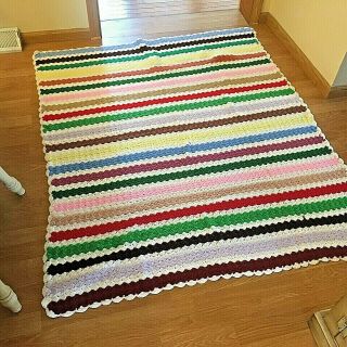 Vtg,  Handmade,  Afghan Knitted / Crocheted,  Lap/throw Blanket,  Stripes,  49”x 60”
