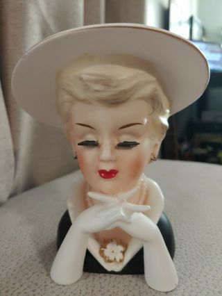 Vintage Lady Head Vase Rubens 495 Large White Hat - Gloved Hands 5 3/4 " - Great