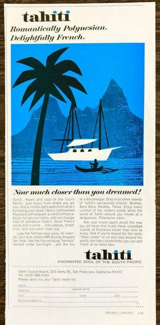 1968 Tahiti Tourist Board Print Ad Romantically Polynesian Delightfully French
