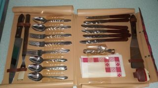 Vintage Plaid Picnic Kit Utica Edge Knives Cutlery Stainless Silverware 6