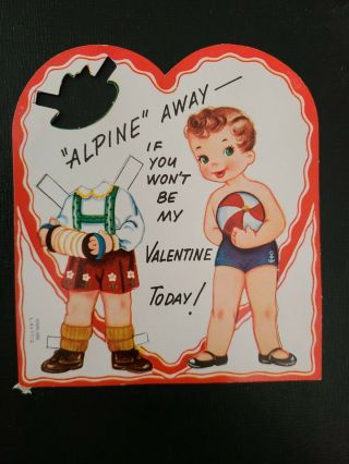 Vtg Valentine Greeting Card Diecut Boy Paper Doll " Alpine " A - Meri - Card 1950s