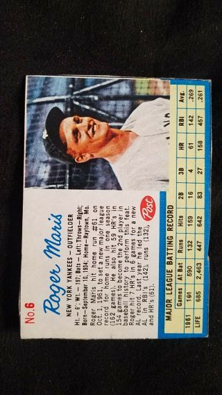 1962 Post Cereal 6 Roger Maris York Yankees Vintage Baseball Card