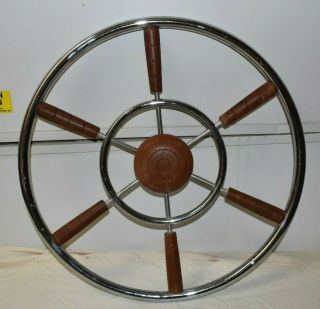 1969 Vintage 6 - Spoke Chrome & Teak Handle Wood Boat Nautical Steering Wheel