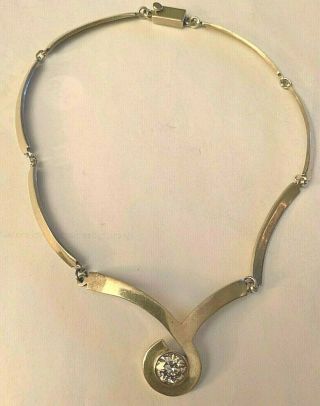 Vintage 1940s Taxco Mexican Silver Swirling Link Choker With Clear Faceted Stone