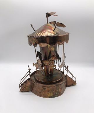 Carousel Copper Wind Up Vintage Metal Sculpture Music Box Country,  Rustic