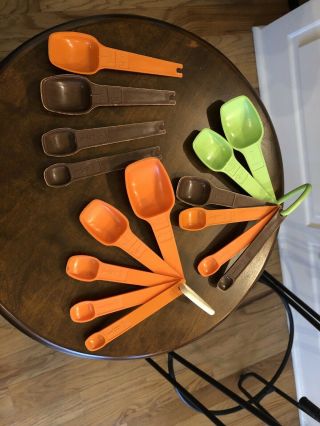 Vintage Tupperware Measuring Spoons W/ring Green,  Orange,  Brown - Replacements