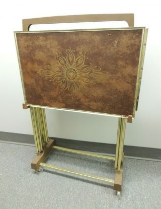 Vintage Mid - Century Folding Tv Trays,  Wheeled Cart Wood & Gold Pattern
