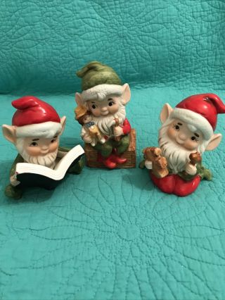 Set Of 3 Vtg Homco Ceramic Christmas Elves/santa’s Helpers Figurines • 5405