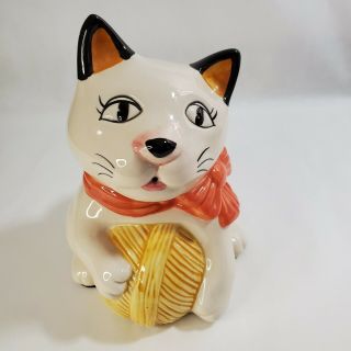 Vintage Shiny Ceramic Glazed Cat With Ball Of Yarn String Holder 6 " H Adorable
