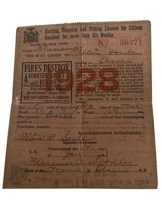 1928 York State Resident Hunting Trapping & Fishing License - Otselic Ny