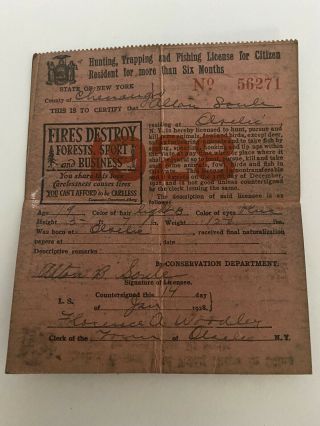 1928 York State resident hunting trapping & fishing license - Otselic NY 2