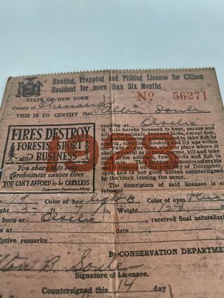 1928 York State resident hunting trapping & fishing license - Otselic NY 3