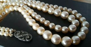 Vintage Double Strand Faux Pearl Necklace Silver Marcasite Clasp By Felicity N11