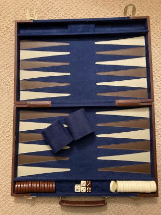 Vintage 70’s Backgammon Set.  Royal Blue Felted Excel Brown Cream Blue Interior 2