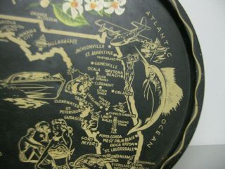 Vintage State of FLORIDA Souvenir Tray Round Black Metal Detailed Map 3