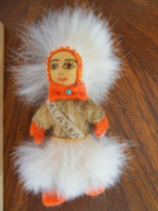 Vintage Alaskan Handmade Eskimo Doll Fur Clothing & Head Dress