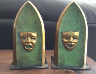 Vintage Israel Comedy & Tragedy Theatre Metal Bookends Signed 1940’s