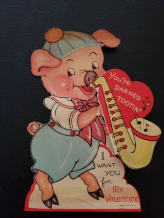 Vtg Valentine Greeting Card Diecut Anthropomorphic Pig You 