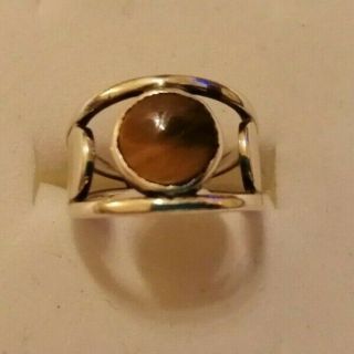 Vintage Modernist Sterling Silver And Tiger Eye Ring Size H/i