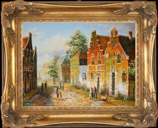 Old Dutch Town Life Vintage Oil Painting,  Wood Frame