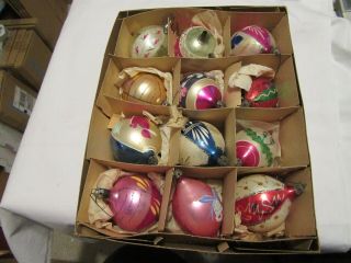 Vintage Box Of 12 Glass Christmas Ornaments,  Painted