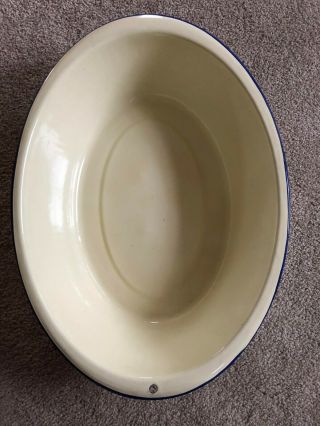 Vintage Enamel Ware Tub Basin Farm House Oval Wash Bowl Pan 17 3/4” White Blue