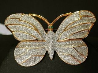 Gorgeous Vintage Rhinestone Butterfly Brooch Pin Green Eyes & Silver Sparkle
