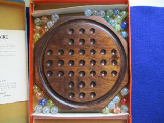 Vintage " Solitaire " Wood Board With Marbles - Made In England
