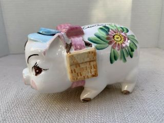 Adorable Vintage Ceramic Piggy Bank With Hand Painted Flowers.  4” X 6”