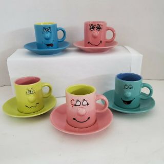 Set Of 5 Vintage 3d Nose Smiley Funny Face Espresso Demitasse Cups Saucers