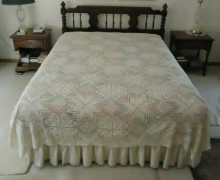 Vtg.  Hand Crocheted Bed Coverlet 100 Cotton Size 92x80