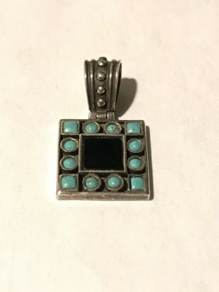 Vintage Turquoise & Black Onyx Inlay Sterling Silver 925 Square Pendant 3.  4grams