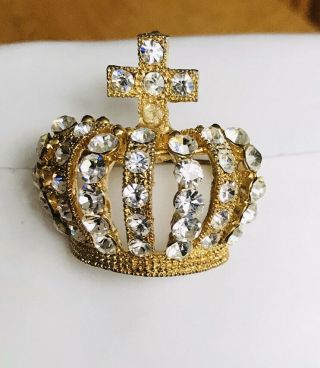 Vintage Brooch Or Pendant In Form Of A Crown Gold Tone Frame With Clear Diamante