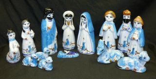 Vtg 14 Pc Mexican Folk Art Pottery Ceramic Xmas Nativity Creche Blue Bird Mexico