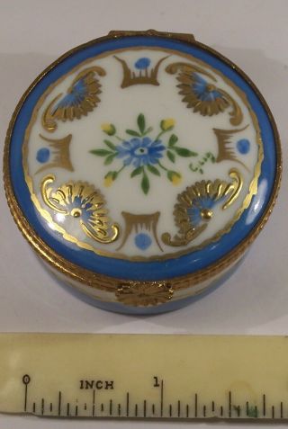 Lovely Vintage Limoges Porcelain Hand Painted Trinket Box Encrusted Gold & Blue