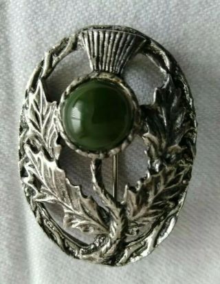 Vintage Scottish Thistle Brooch.  Silvertone With Green Agate Stone