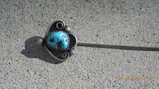 Vintage Sterling Silver Native American Stick Pin With Turquoise Squash Blossom