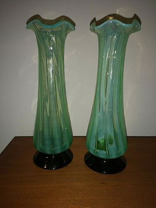 Vintage Japan Green Opalcscent Glass Vases