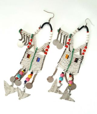 Vintage Maasai Masai Large Beaded Earrings With Tin Kenya African Tribal Art