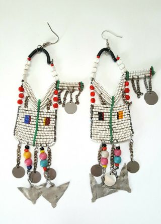 Vintage Maasai Masai Large Beaded Earrings With Tin Kenya African Tribal Art 2