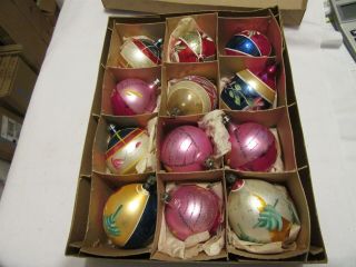 Vintage Box Of 12 Glass Christmas Ornaments,  Painted,  Shiny Brite Box