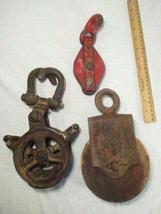 3 Vintage Pulleys Metal Wood Block And Tackle Parts Hay Hook Pulley System Pully