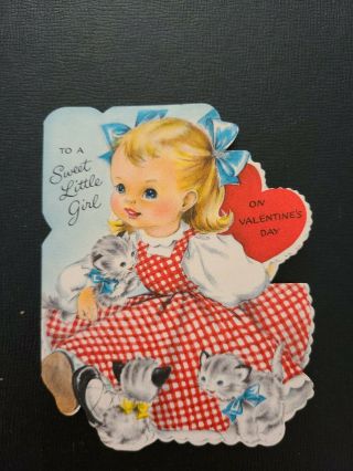 Vtg Hallmark Valentine Greeting Card Diecut Little Girl Red Dress Kittens 40 - 50s