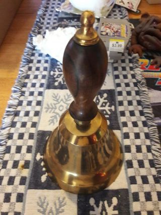Vintage Cast Brass Hand Held School House Bell Wood Handle,  5 1/2 Diameter,  10 1/2