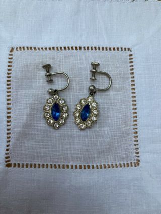 Vintage Art Deco Screw On Crystal & Blue Glass Drop Earrings - Wedding - Christ