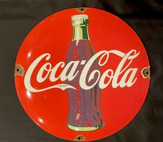Vintage 1950’s Coke Coca Cola 12” Porcelain Sign Car Truck Oil Gas Soda Pop