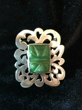 Vintage Mayan Aztec Carved Jade Sterling Silver Tribal Mexico Pin Brooch Pendant