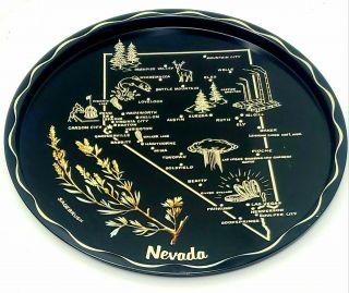 Nevada State Map Vintage Black Metal Round Travel Souvenir Tray Plate 11 "