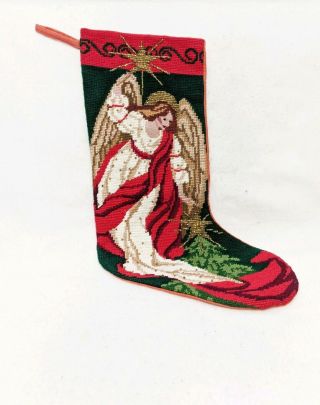 Vintage Angel Hand Needlepoint Point Cross Stitch Beaded Christmas 21 " Stocking