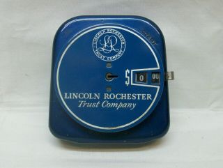 Vintage " Lincoln Rochester Trust Company " Steel " Add - A - Coin " Bank Usa - Made Vg